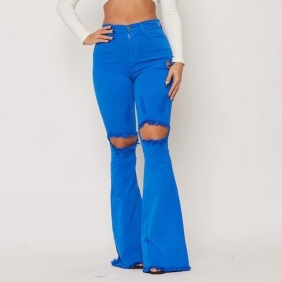 Flared leg jeans High Rise Bell bottom Frayed stretchy denim Blue Vibez … - Picture 2 of 7